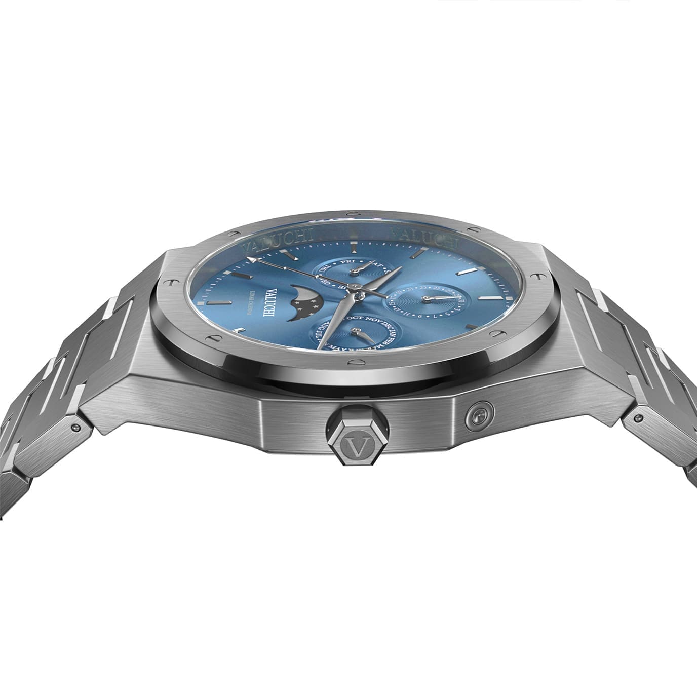 Silver Lunar Calendar Watch with blue dial - 40mm - Valuchi